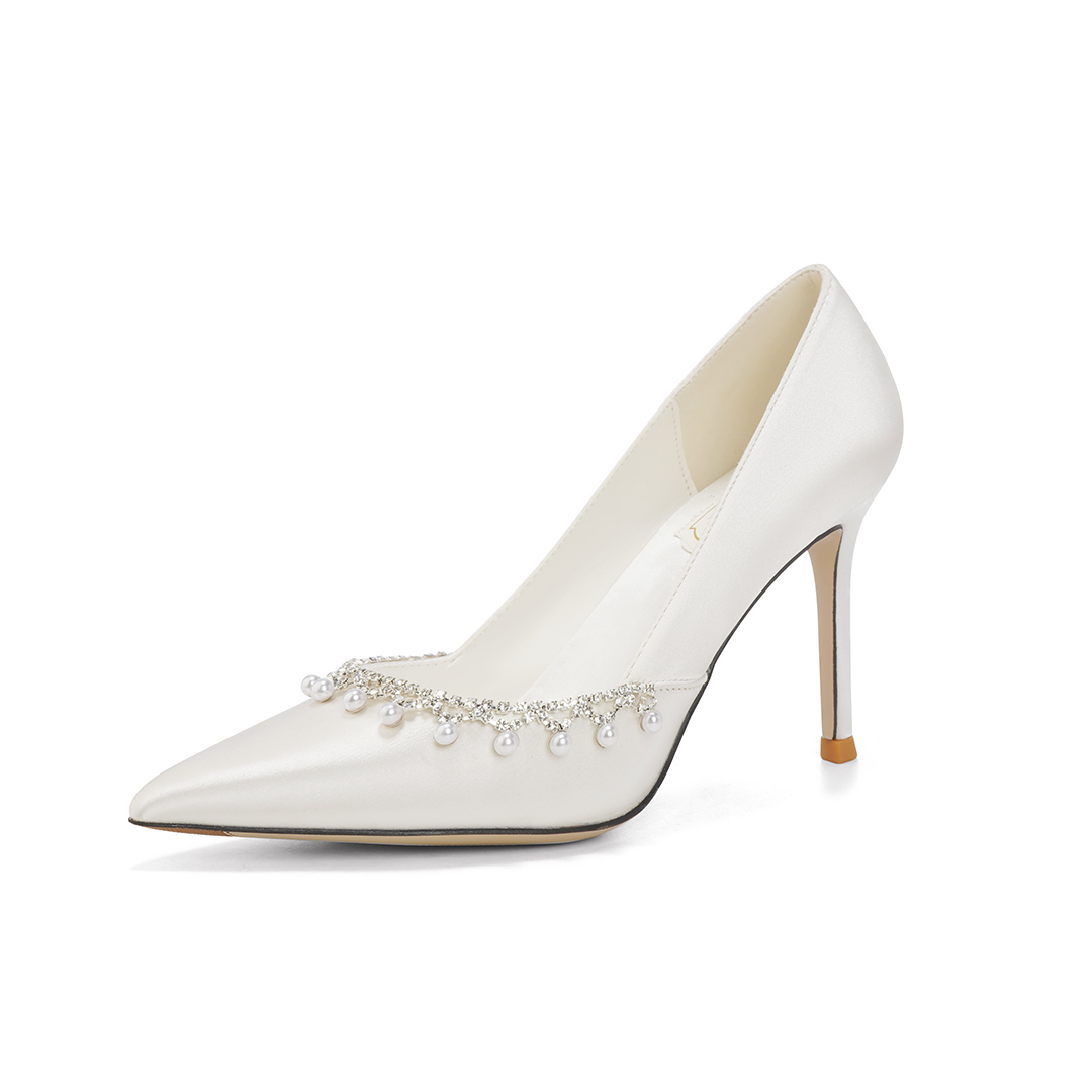 High Heel Satin Point Toe Wedding Shoes With Imitation Pearl
