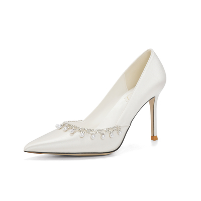 High Heel Satin Point Toe Wedding Shoes With Imitation Pearl