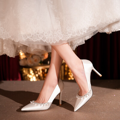 High Heel Satin Point Toe Wedding Shoes With Imitation Pearl
