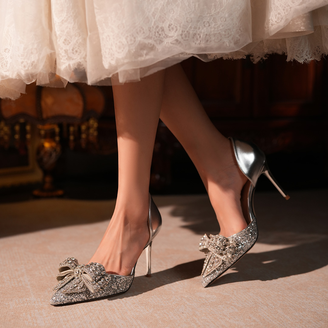 High Heel Glitter Point Toe Wedding Shoes With Rhinestone