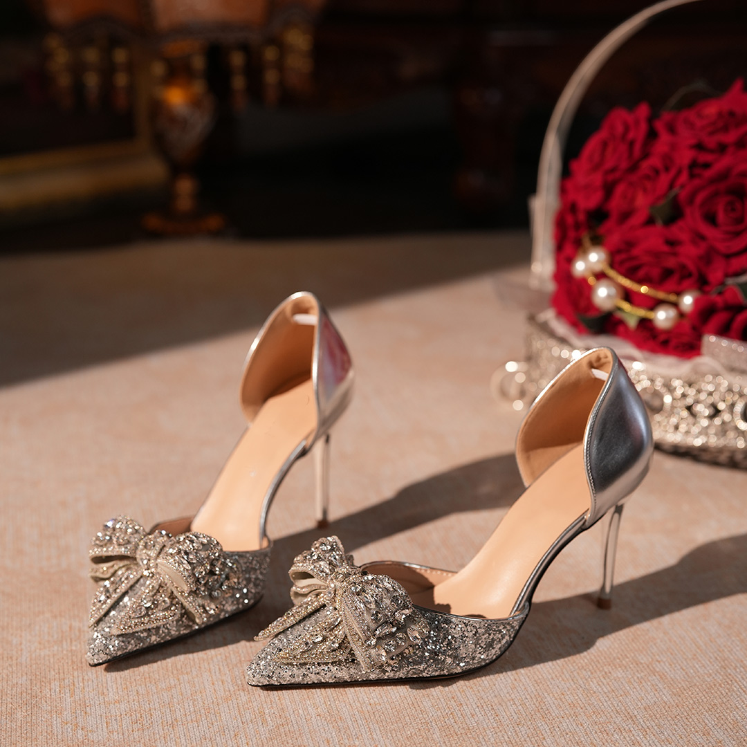 High Heel Glitter Point Toe Wedding Shoes With Rhinestone