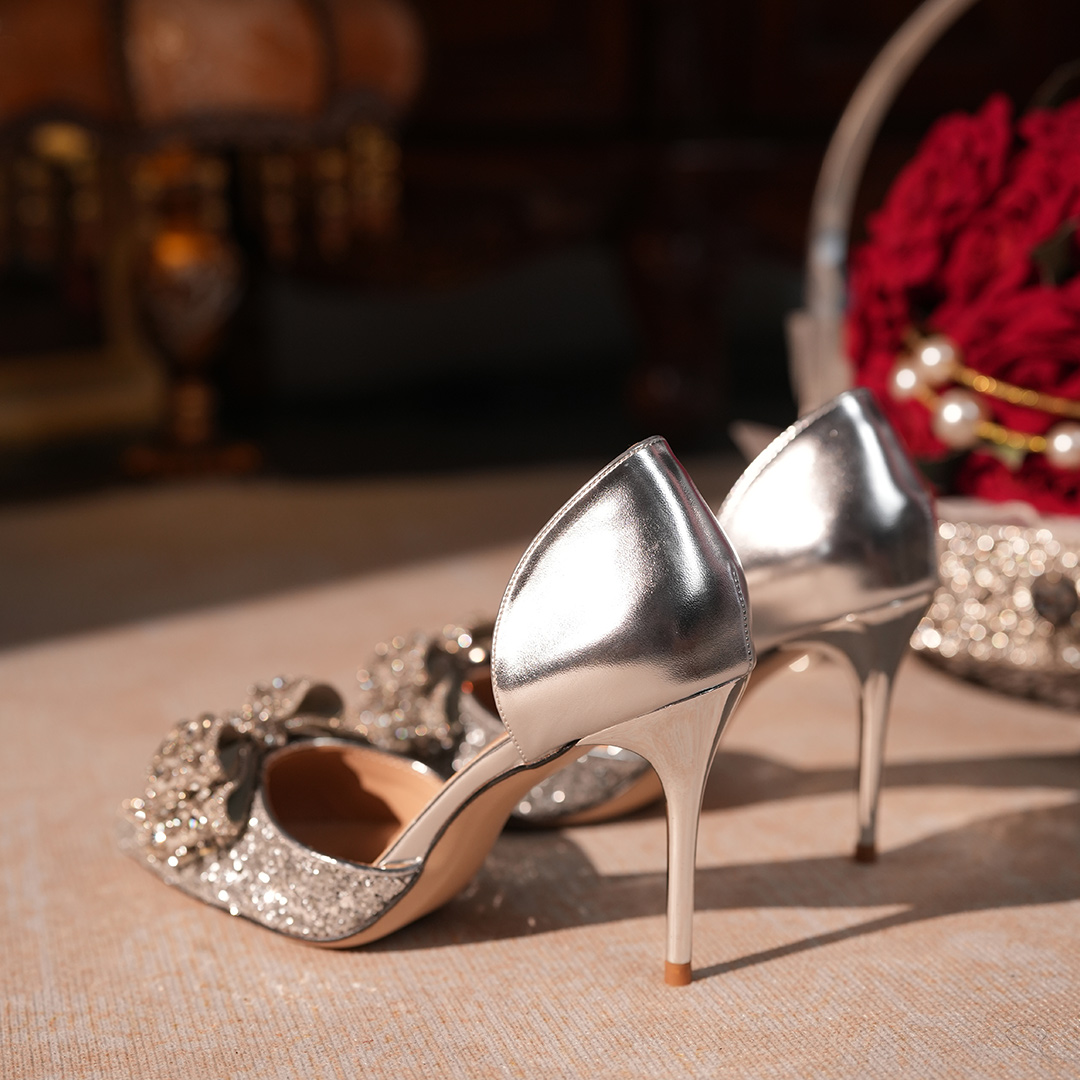 High Heel Glitter Point Toe Wedding Shoes With Rhinestone