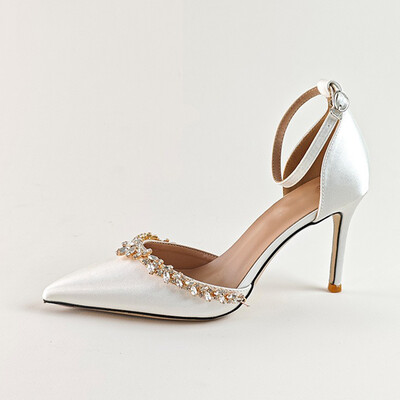 High Heel Satin Point Toe Wedding Shoes With Rhinestone