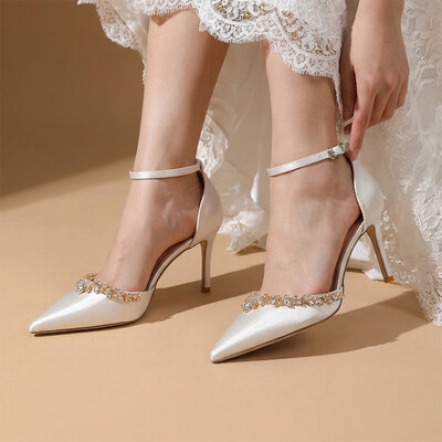 High Heel Satin Point Toe Wedding Shoes With Rhinestone