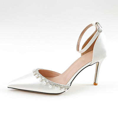 High Heel Satin Point Toe Wedding Shoes With Imitation Pearl