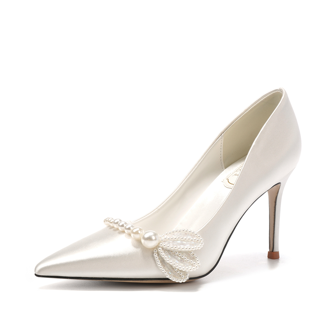 High Heel Satin Point Toe Wedding Shoes With Imitation Pearl
