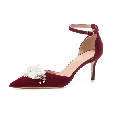 High Heel Satin Point Toe Wedding Shoes With Flower