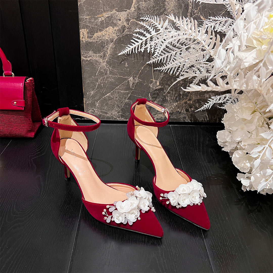 High Heel Satin Point Toe Wedding Shoes With Flower