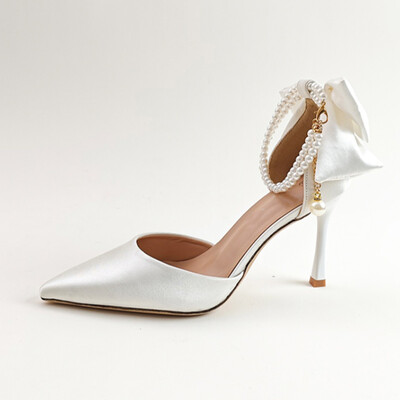 High Heel Satin Point Toe Wedding Shoes With Bowknot