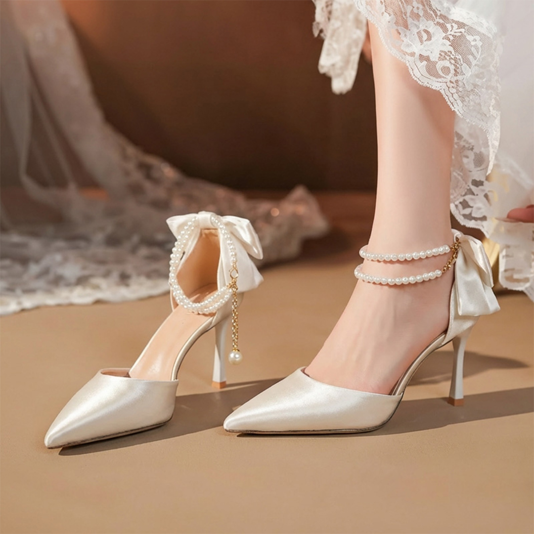 High Heel Satin Point Toe Wedding Shoes With Bowknot
