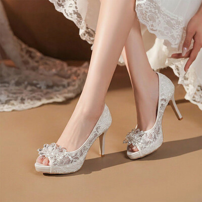 High Heel Mesh Peep Toe Wedding Shoes With Rhinestone