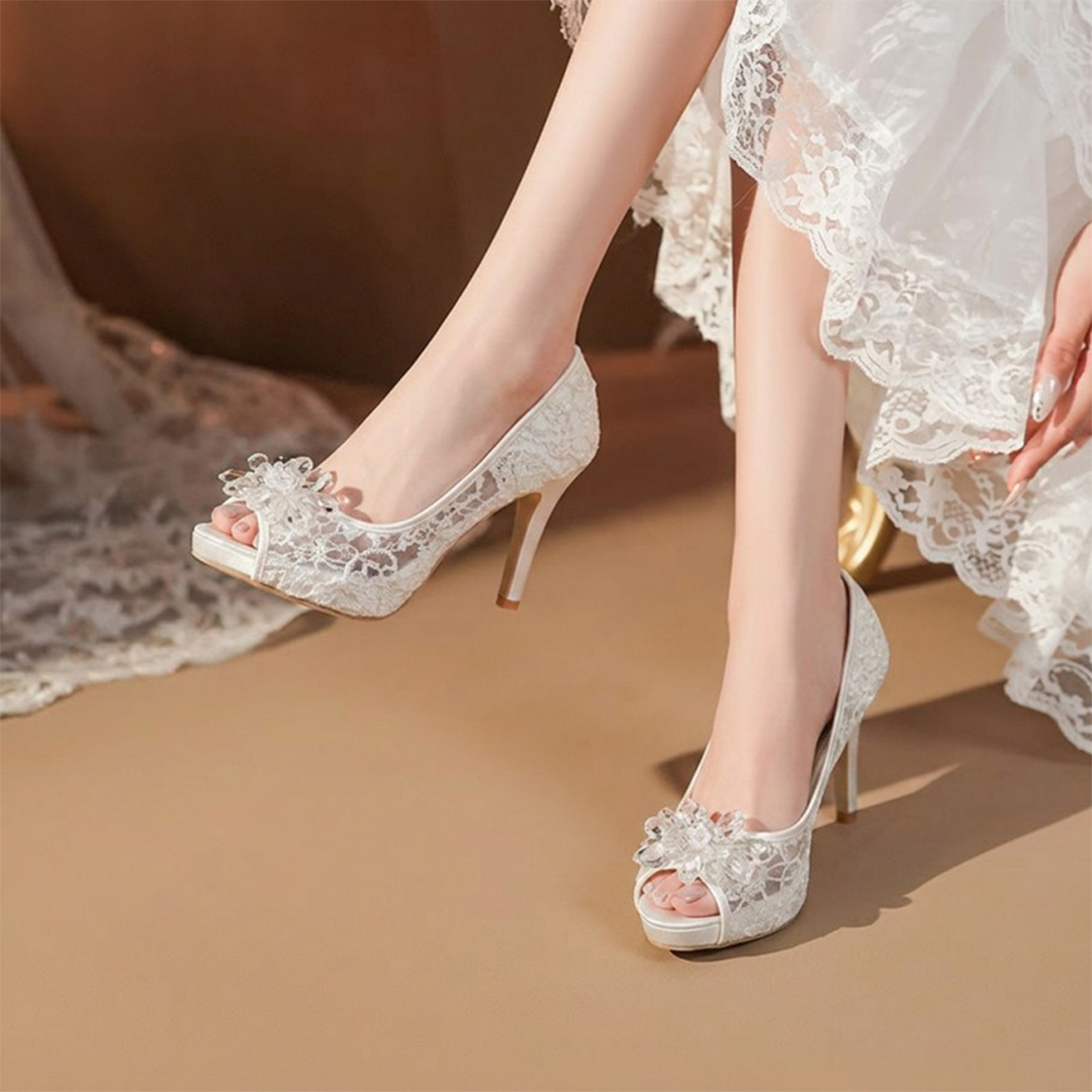 High Heel Mesh Peep Toe Wedding Shoes With Rhinestone