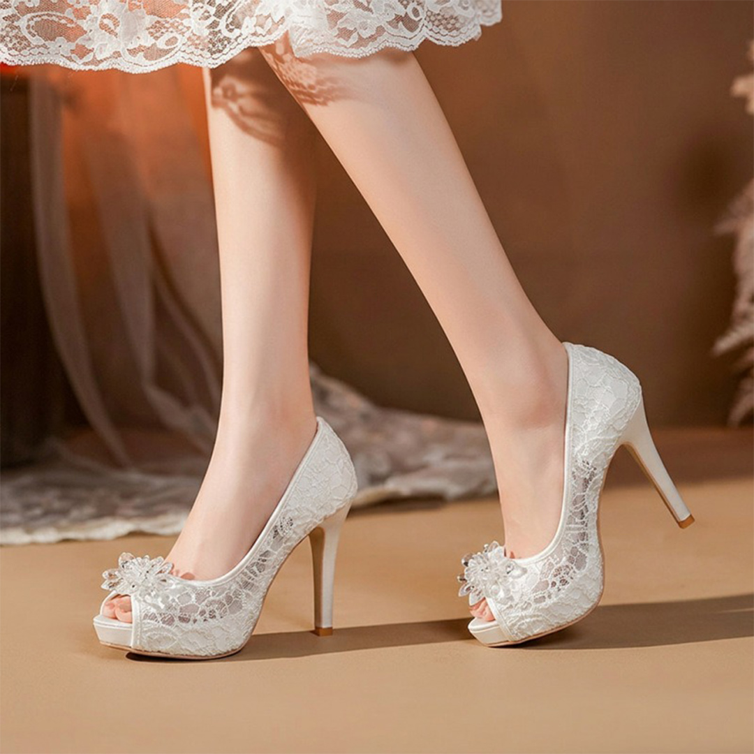 High Heel Mesh Peep Toe Wedding Shoes With Rhinestone