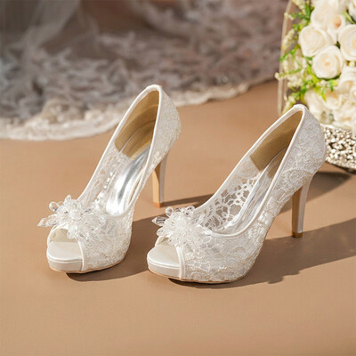 High Heel Mesh Peep Toe Wedding Shoes With Rhinestone
