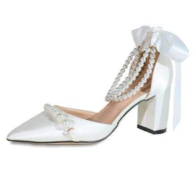 Chunky Heel Satin Point Toe Wedding Shoes With Imitation Pearl