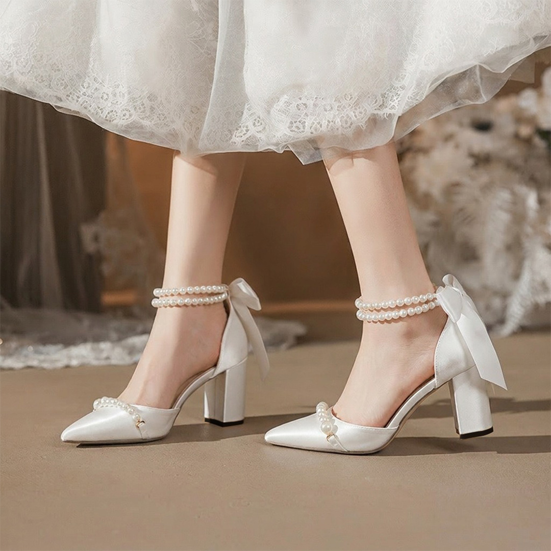 Chunky Heel Satin Point Toe Wedding Shoes With Imitation Pearl