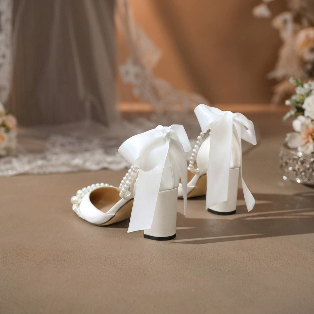Chunky Heel Satin Point Toe Wedding Shoes With Imitation Pearl
