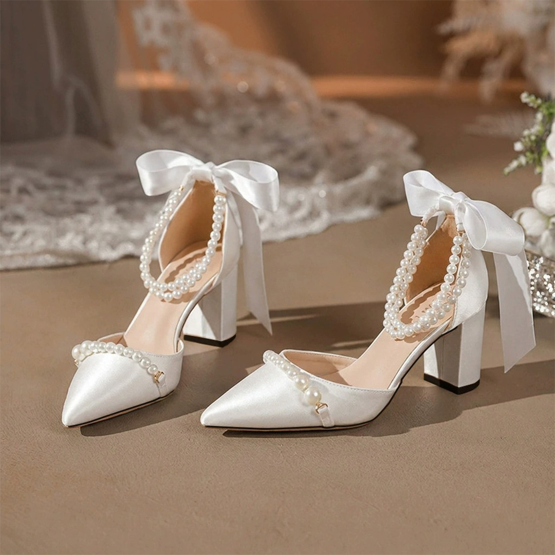 Chunky Heel Satin Point Toe Wedding Shoes With Imitation Pearl
