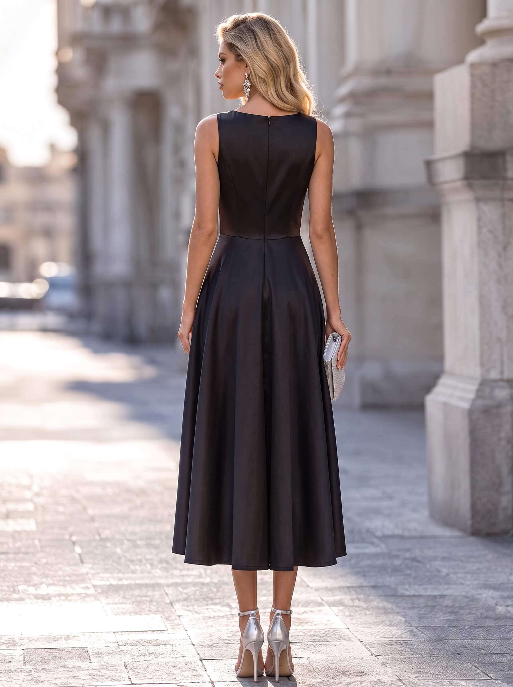 A-Line Scoop Neck Sleeveless Tea-Length Satin Cocktail Dresses With Bow/Pockets/Pleated