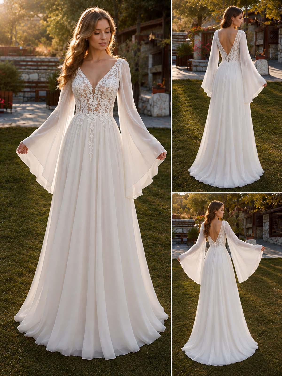 A-Line V-Neck Long Sleeves Floor-Length Chiffon Cocktail Dresses With Pleated/Flower
