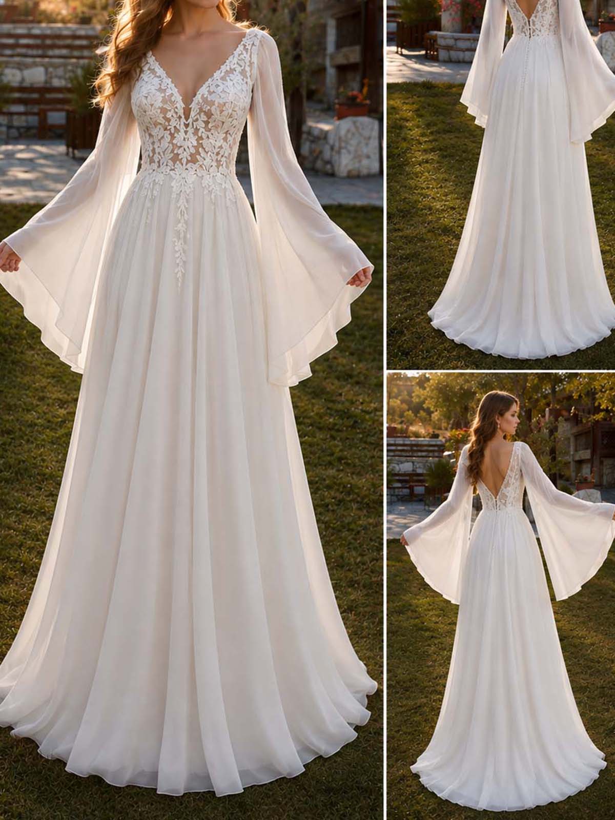 A-Line V-Neck Long Sleeves Floor-Length Chiffon Cocktail Dresses With Pleated/Flower