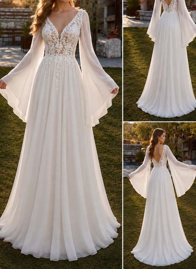 A-Line V-Neck Long Sleeves Floor-Length Chiffon Cocktail Dresses With Pleated/Flower