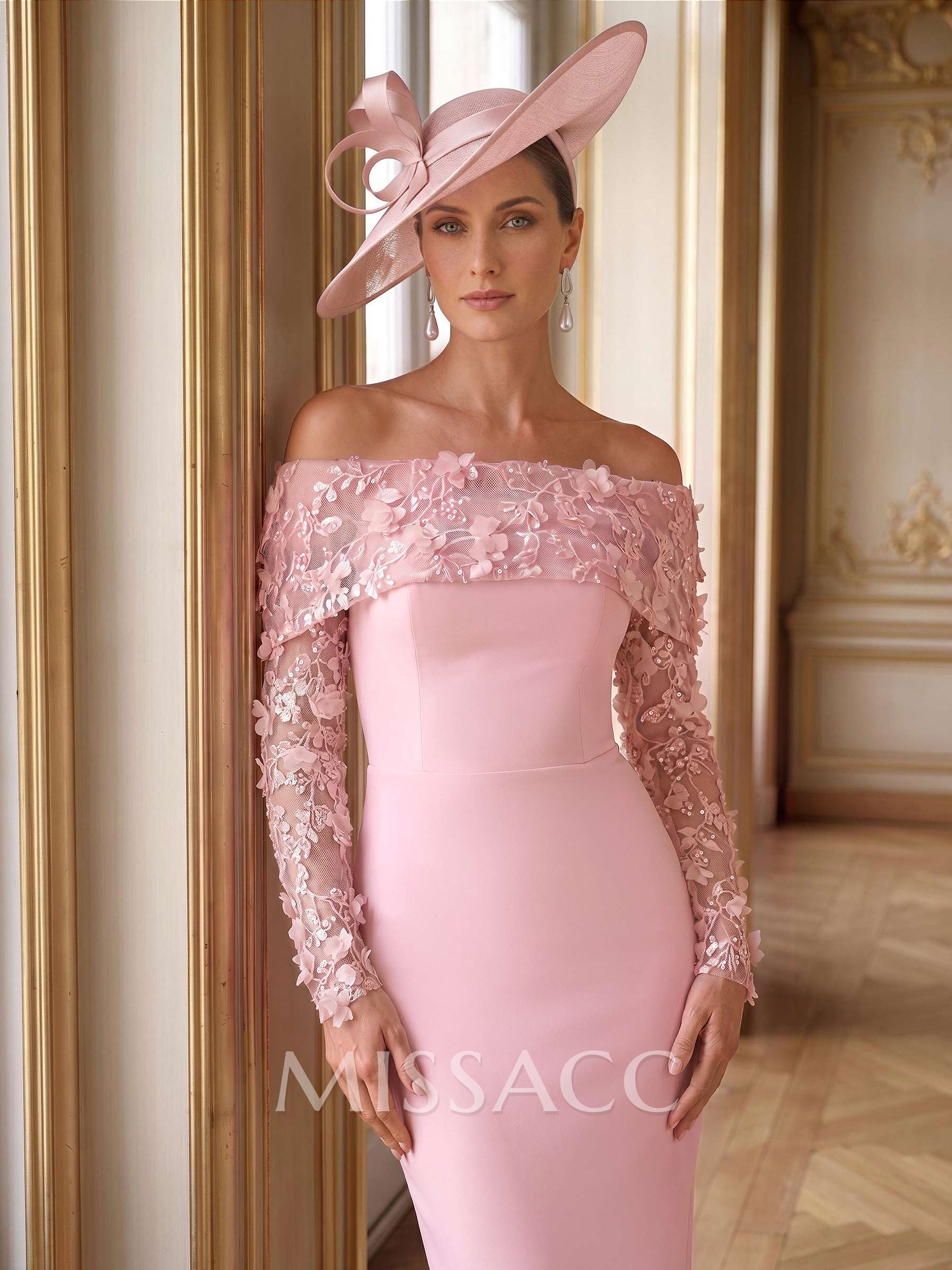 Sheath/Column Off-The-Shoulder Long Sleeves Ankle-Length Lace/Elastic Satin Cocktail Dresses With Appliques Lace