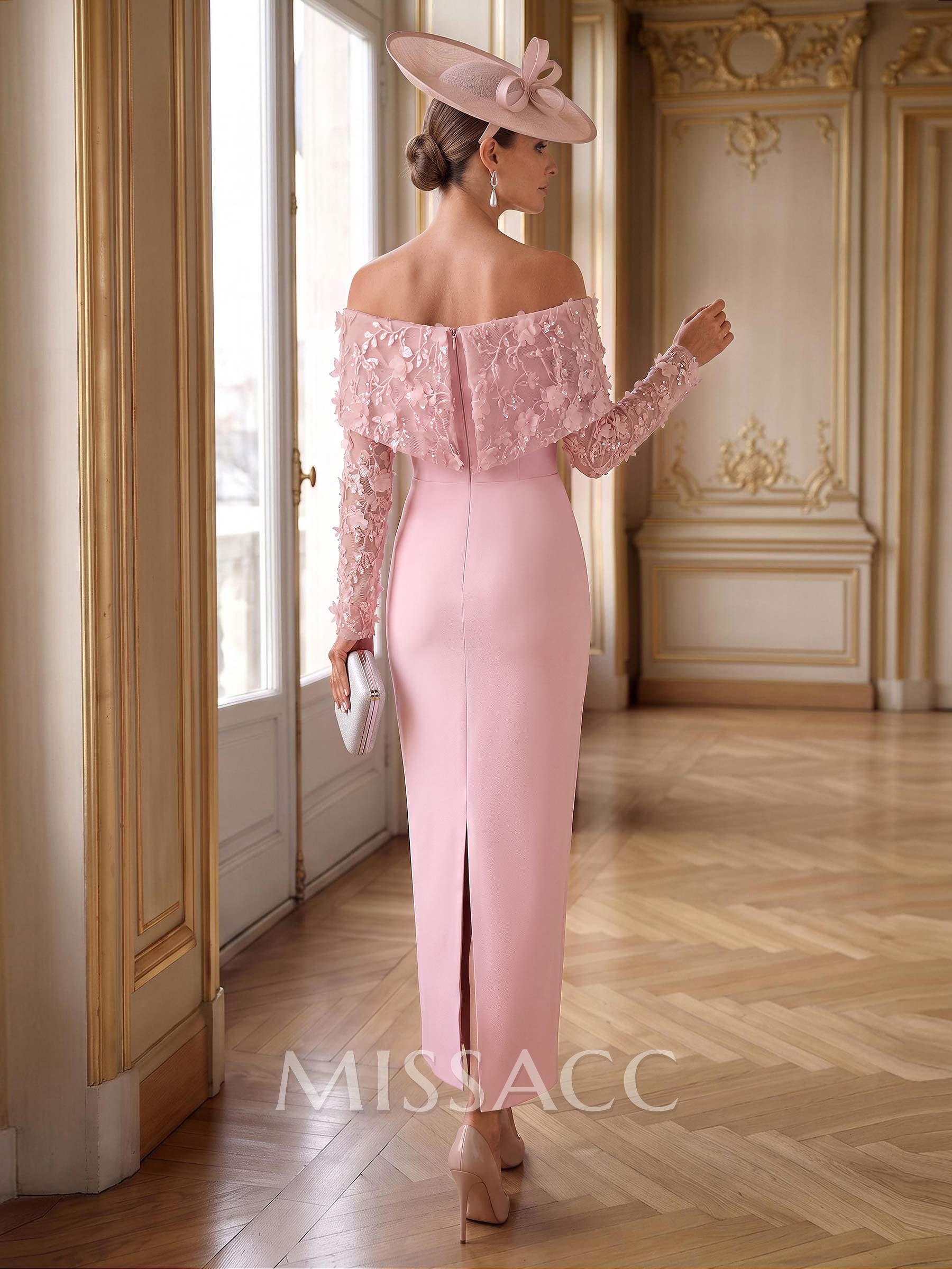 Sheath/Column Off-The-Shoulder Long Sleeves Ankle-Length Lace/Elastic Satin Cocktail Dresses With Appliques Lace