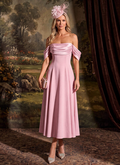 A-Line Off-The-Shoulder Cape Sleeves Ankle-Length Satin/Elastic Satin Cocktail Dresses With Pockets/Pleated