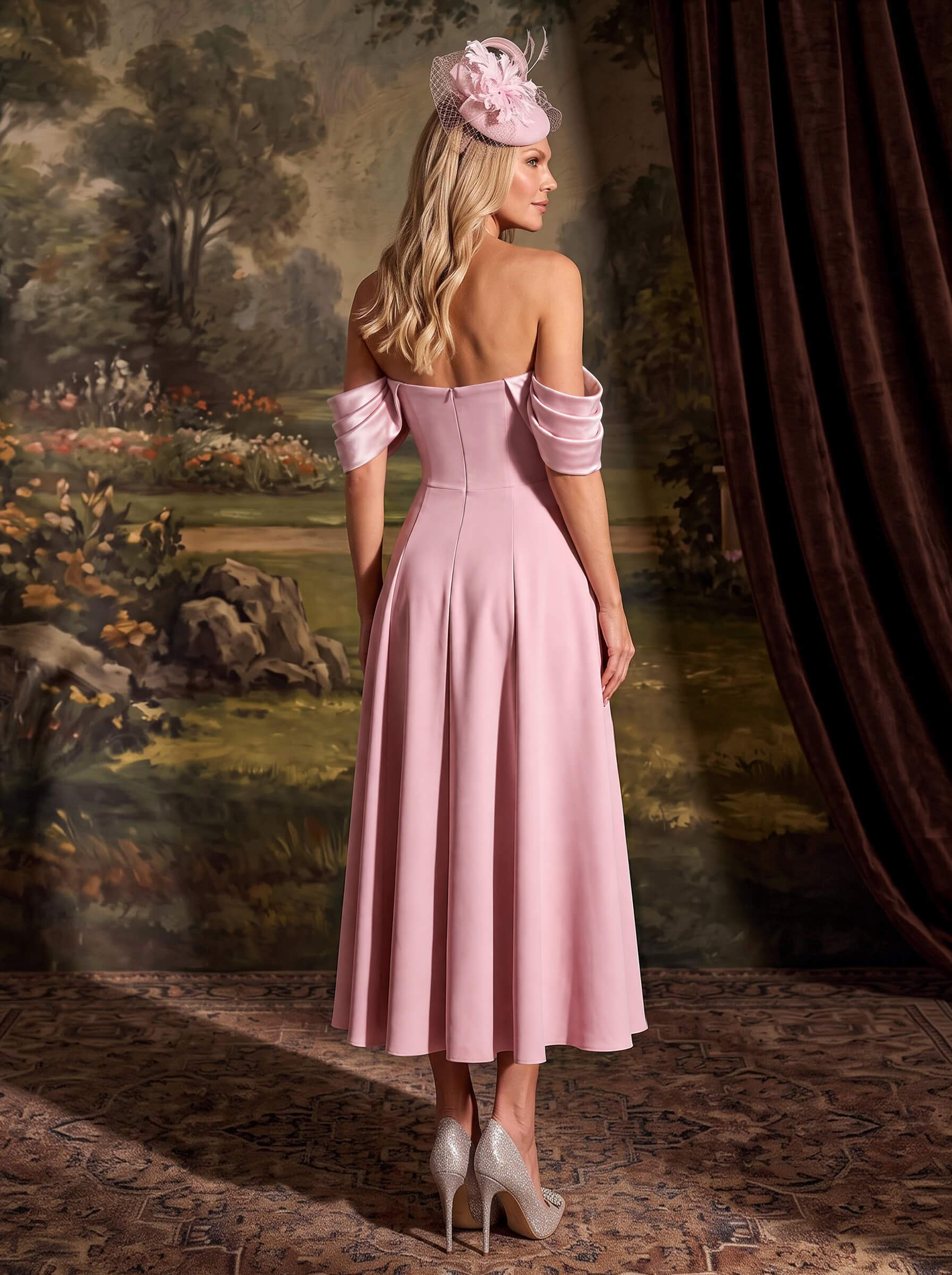 A-Line Off-The-Shoulder Cape Sleeves Ankle-Length Satin/Elastic Satin Cocktail Dresses With Pockets/Pleated