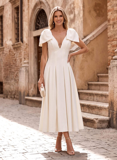 A-Line Plunging Neckline Short Sleeve Ankle-Length Stretch Satin Cocktail Dress With Pleats