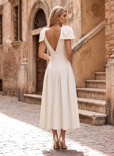 A-Line Plunging Neckline Short Sleeve Ankle-Length Stretch Satin Cocktail Dress With Pleats