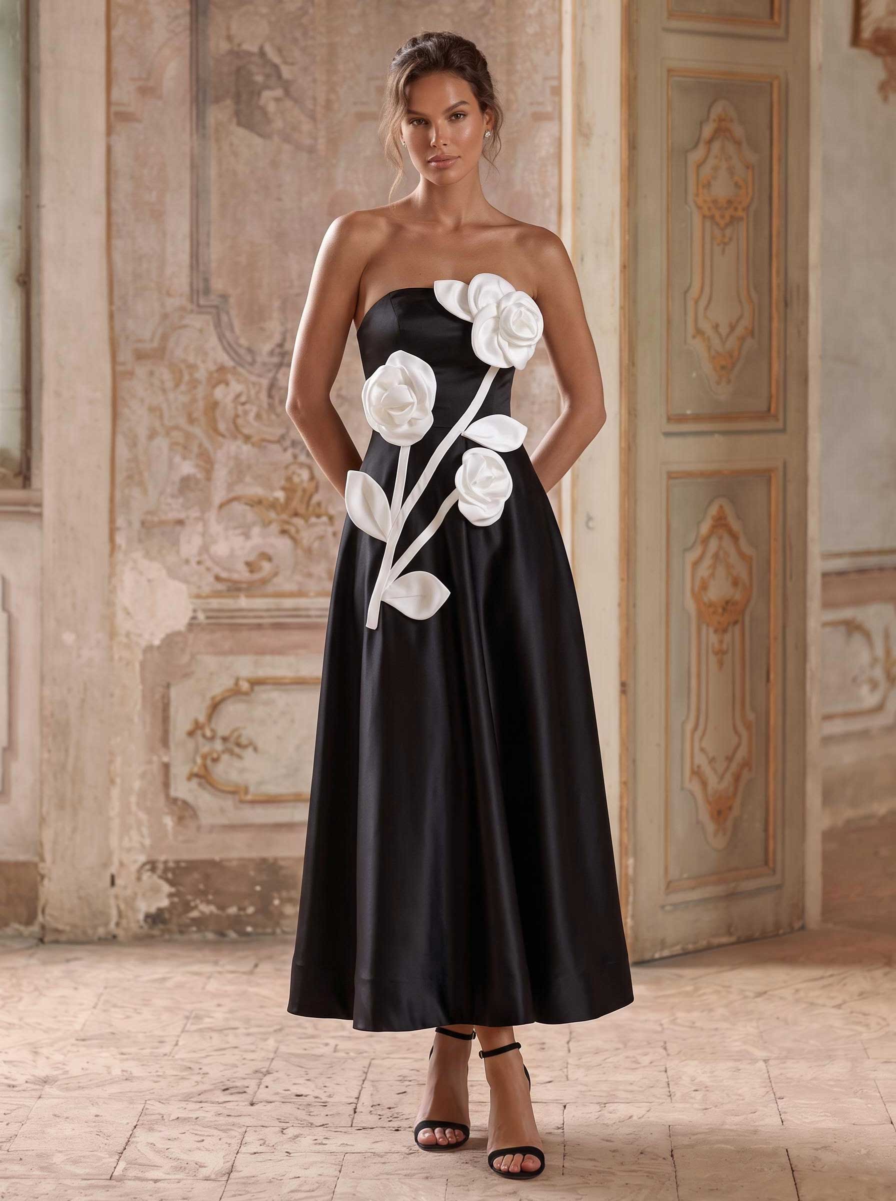 A-Line Strapless Sleeveless Ankle-Length Satin Cocktail Dresses With Flower