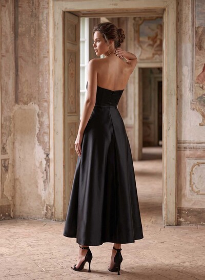 A-Line Strapless Sleeveless Ankle-Length Satin Cocktail Dresses With Flower