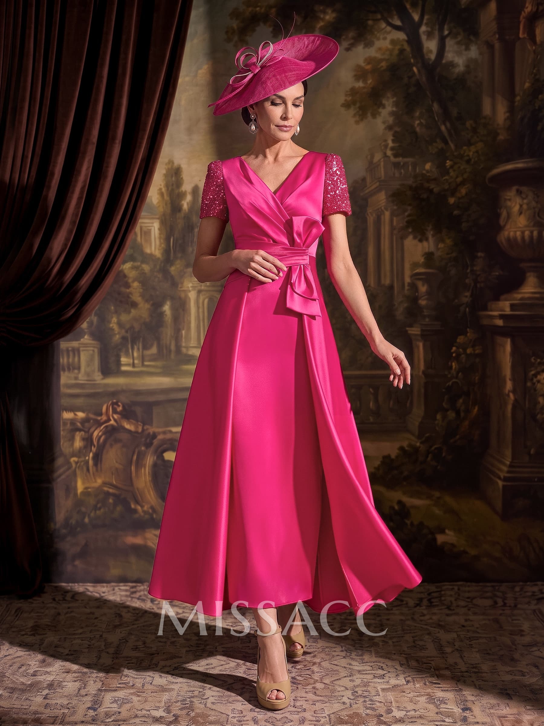 A-Line V-Neck Short Sleeves Ankle-Length Satin Cocktail Dresses With Bow
