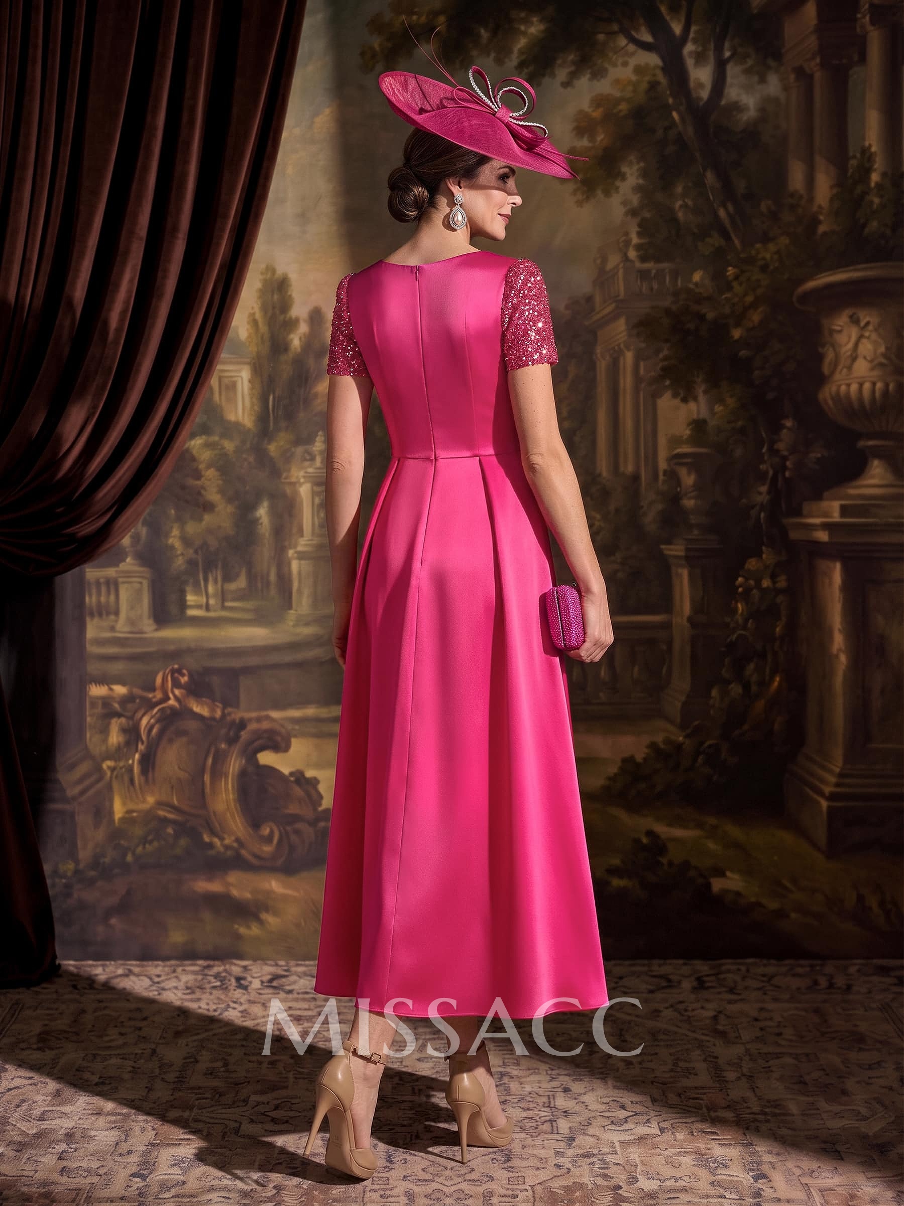 A-Line V-Neck Short Sleeves Ankle-Length Satin Cocktail Dresses With Bow