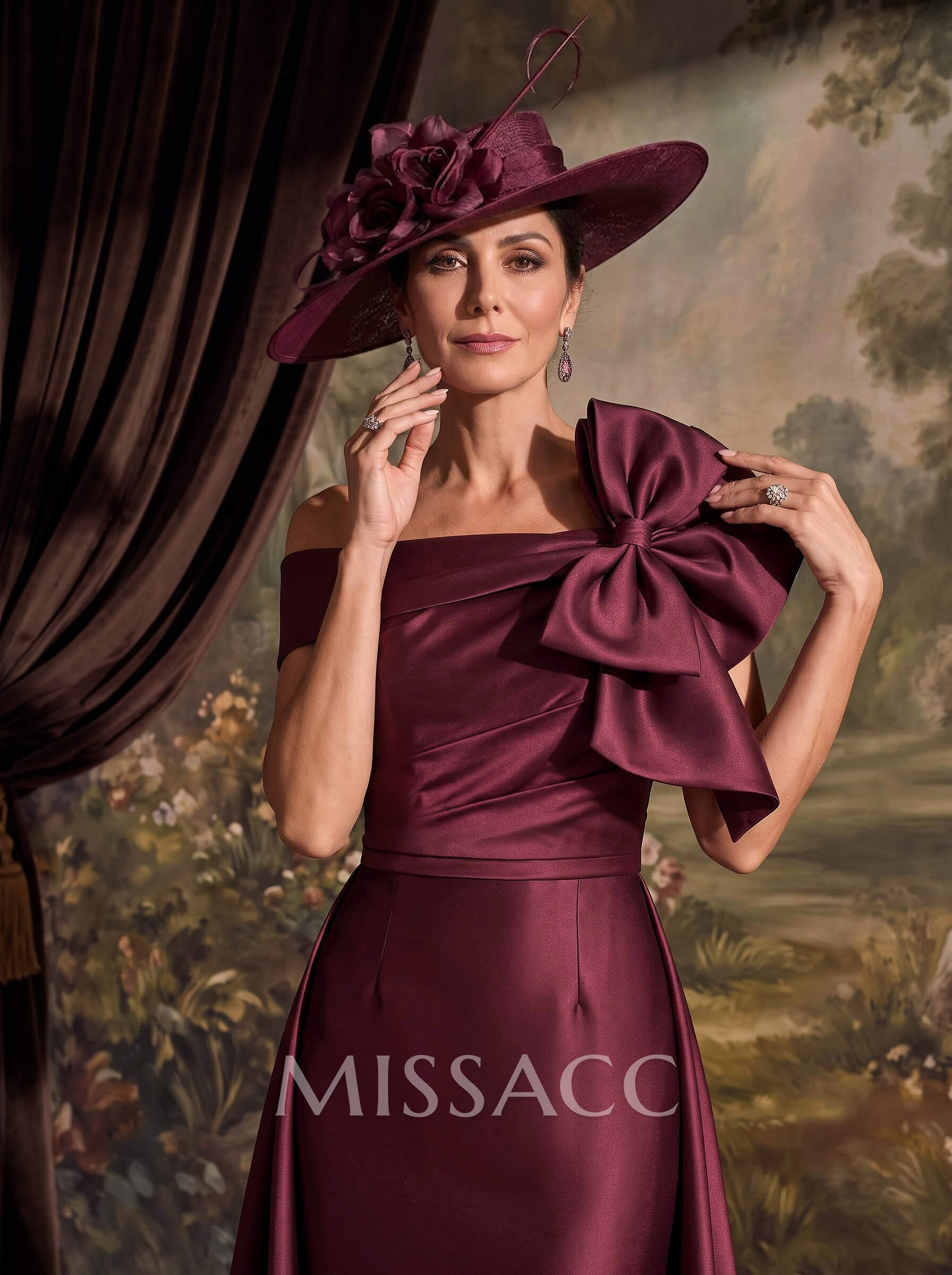 Sheath/Column Off-The-Shoulder Sleeveless Ankle-Length Satin Cocktail Dresses With Bow/Overskirt Dress