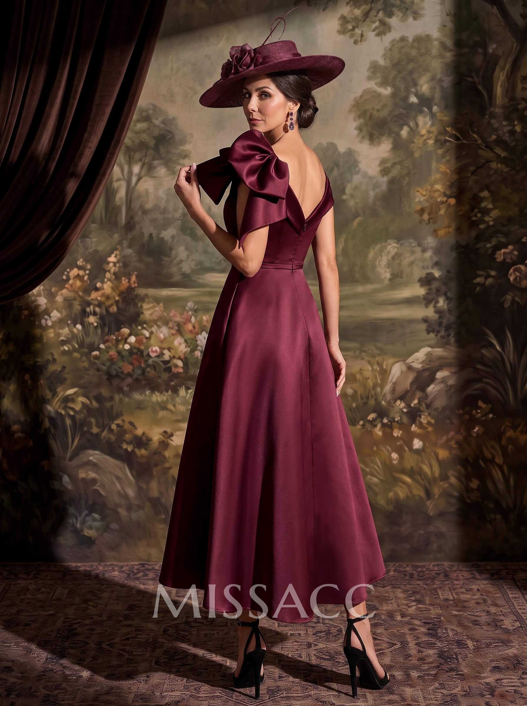 Sheath/Column Off-The-Shoulder Sleeveless Ankle-Length Satin Cocktail Dresses With Bow/Overskirt Dress