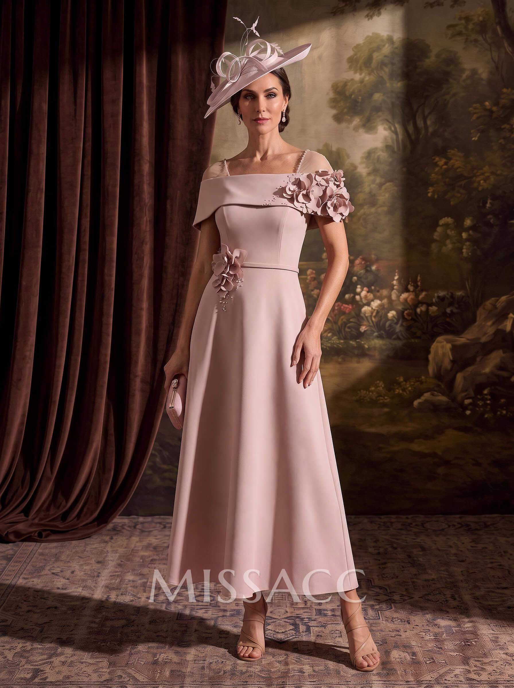 A-Line Off-The-Shoulder Sleeveless Ankle-Length Elastic Satin Cocktail Dresses With Bow/Flower