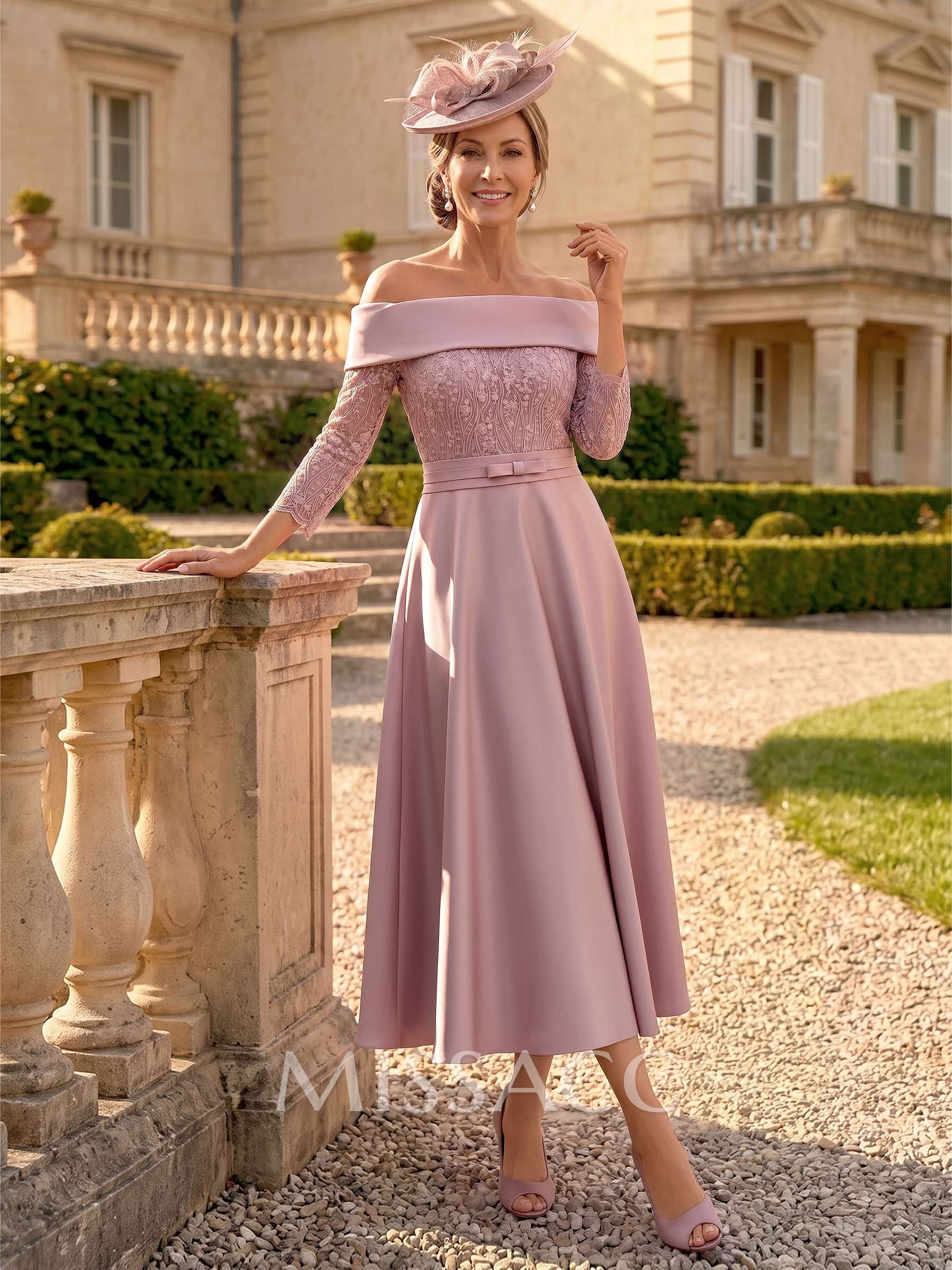 A-Line Off-The-Shoulder 3/4 Sleeves Tea-Length Lace/Satin Cocktail Dresses With Bow
