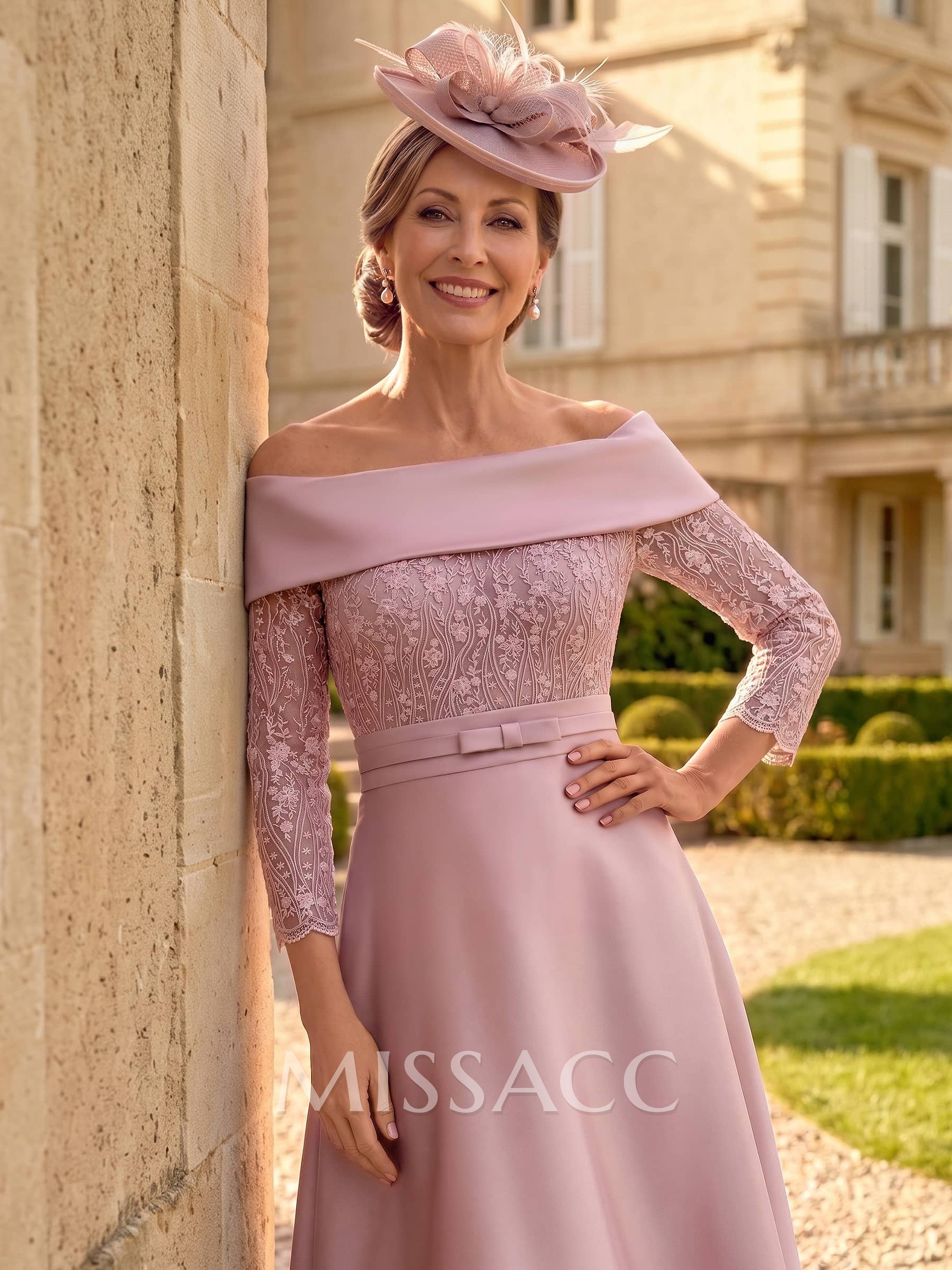 A-Line Off-The-Shoulder 3/4 Sleeves Tea-Length Lace/Satin Cocktail Dresses With Bow