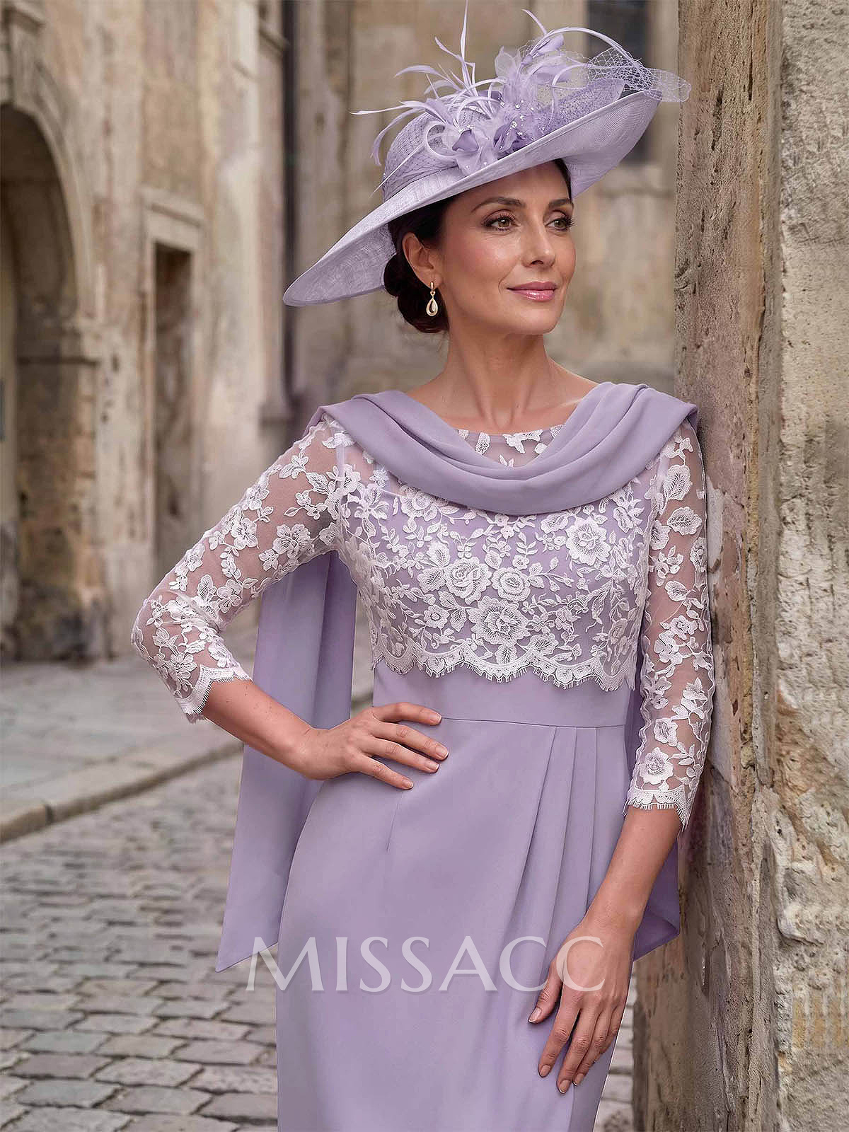 Sheath/Column Scoop Neck 3/4 Sleeves Ankle-Length Elastic Satin Cocktail Dresses With Lace