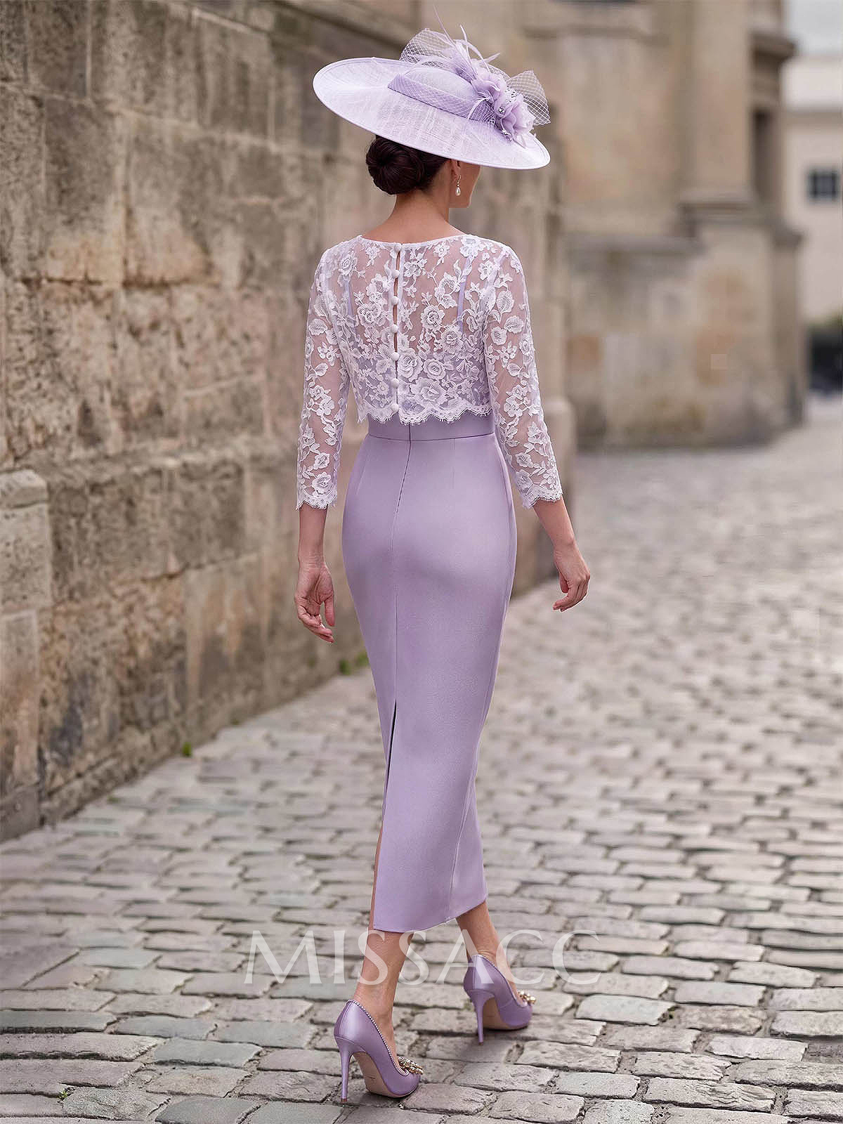 Sheath/Column Scoop Neck 3/4 Sleeves Ankle-Length Elastic Satin Cocktail Dresses With Lace