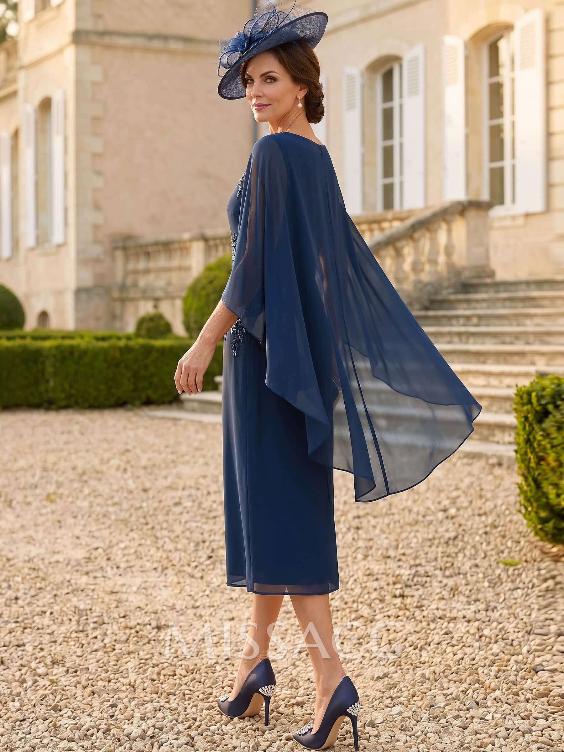 Sheath/Column Scoop Neck Cape Sleeves Tea-Length Chiffon/Lace Cocktail Dresses With Appliques Lace