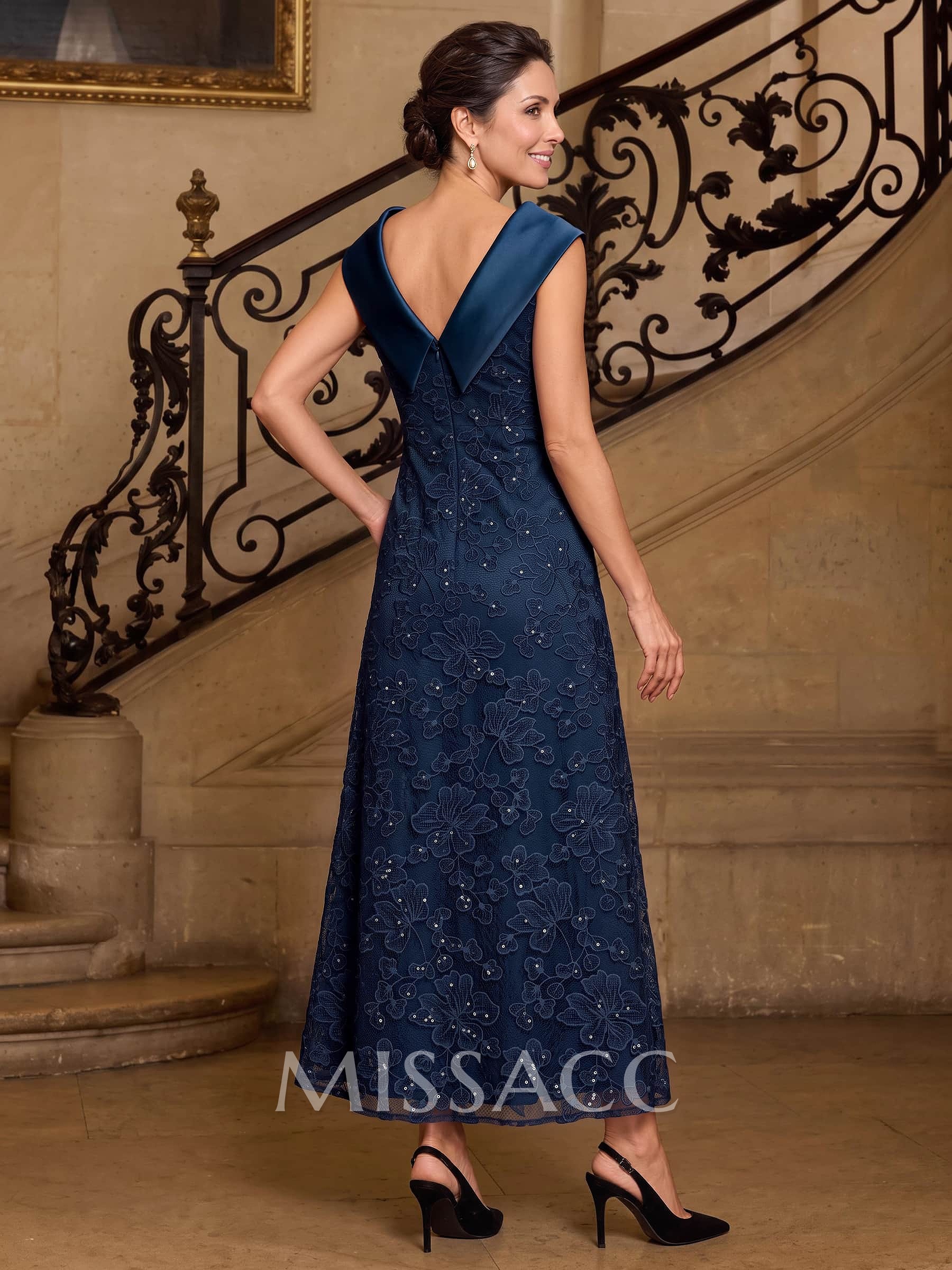 A-Line Scoop Neck Sleeveless Ankle-Length Lace/Satin Cocktail Dresses With Appliques Lace