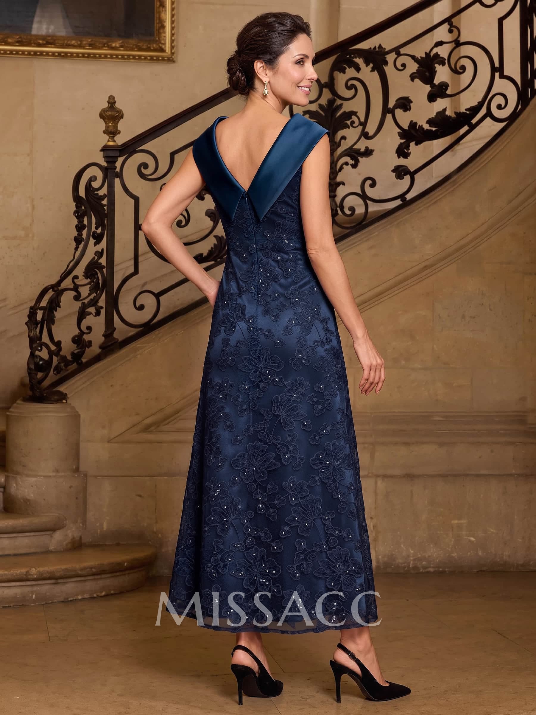 A-Line Scoop Neck Sleeveless Ankle-Length Lace/Satin Cocktail Dresses With Appliques Lace A-Line Scoop Neck Sleeveless Ankle-Length Lace/Satin Cocktail Dresses With Appliques Lace