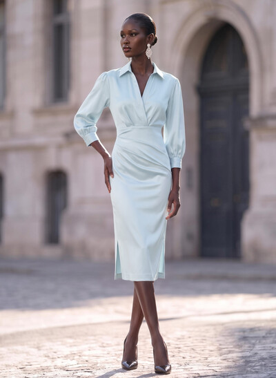 Sheath/Column V-Neck 3/4 Sleeves Knee-Length Crepe Satin Cocktail Dresses