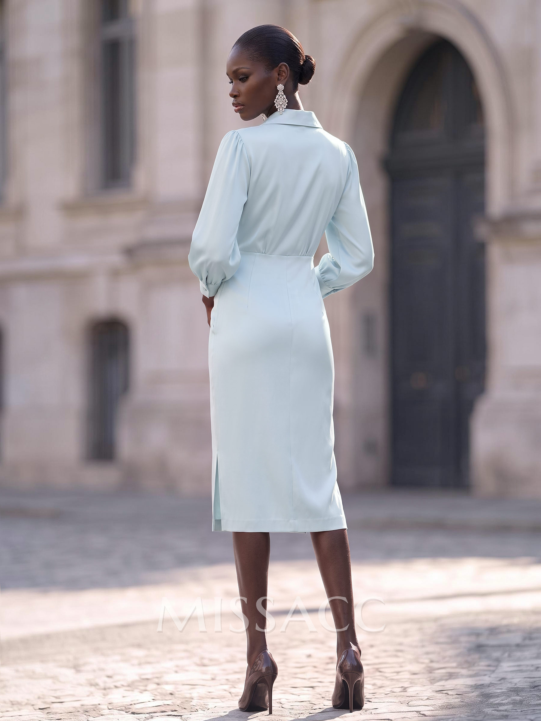 Sheath/Column V-Neck 3/4 Sleeves Knee-Length Crepe Satin Cocktail Dresses