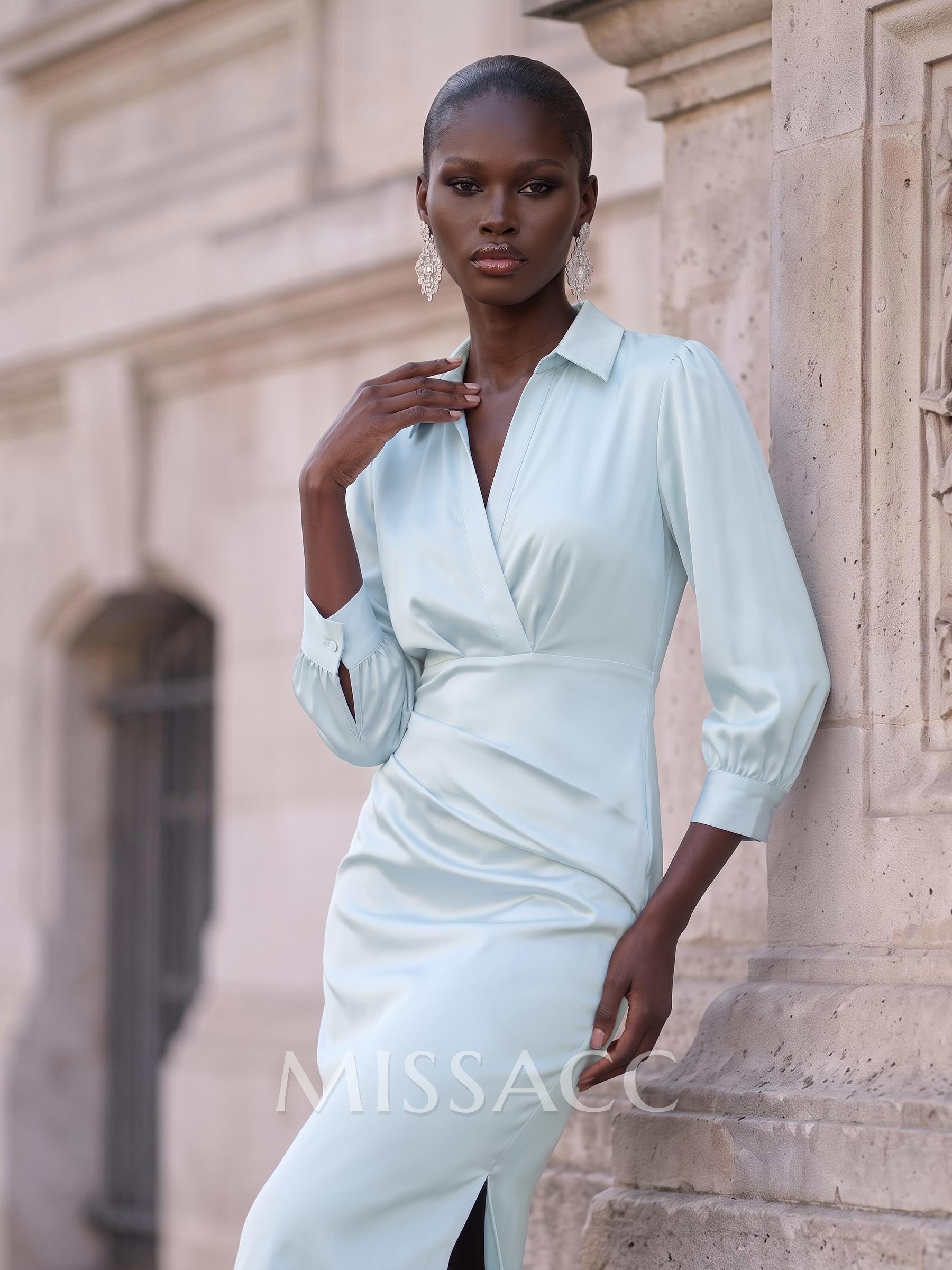 Sheath/Column V-Neck 3/4 Sleeves Knee-Length Crepe Satin Cocktail Dresses