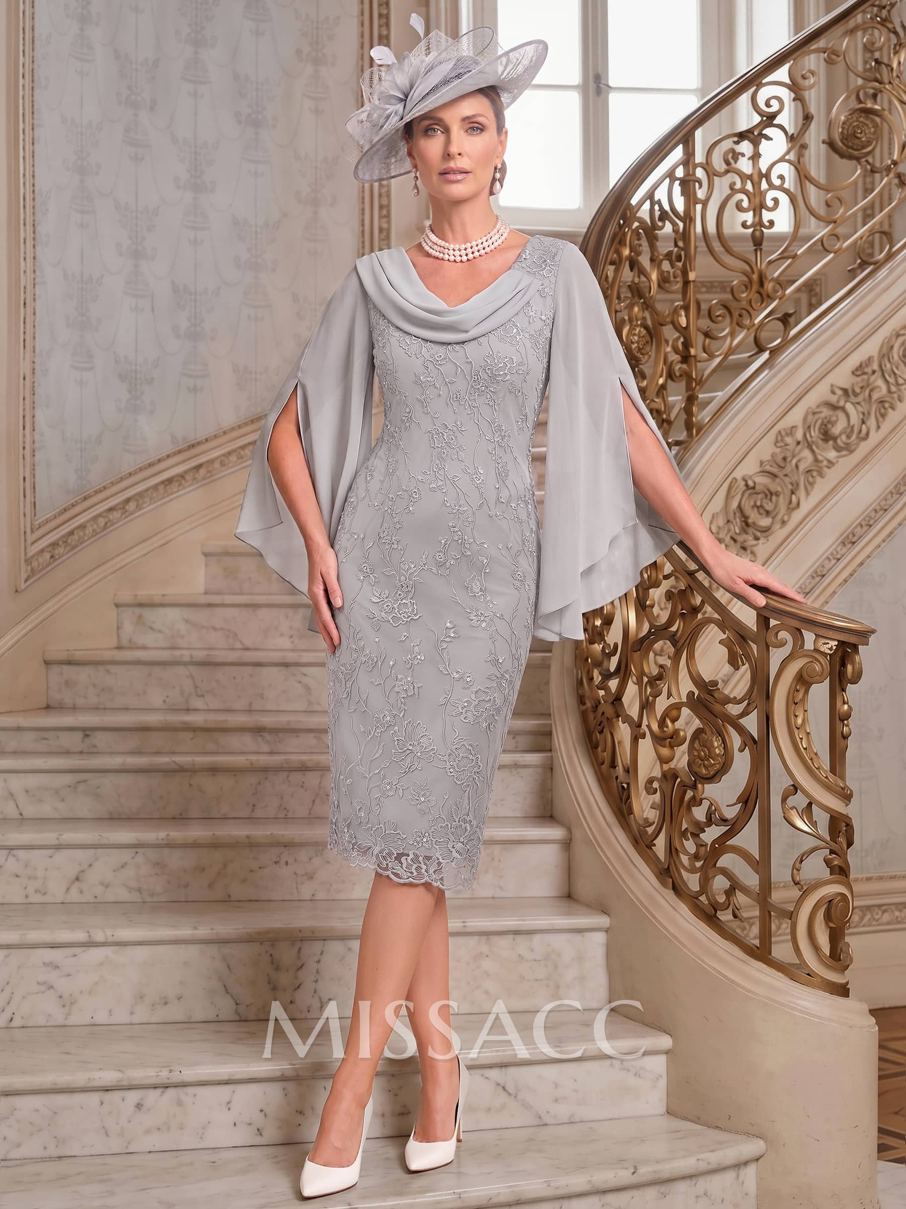 Sheath/Column Cowl Neck Cape Sleeves Knee-Length Chiffon/Lace Cocktail Dresses With Appliques Lace